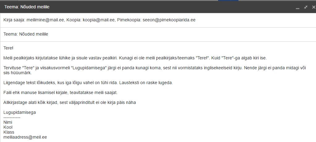 Korrektse meili näidis